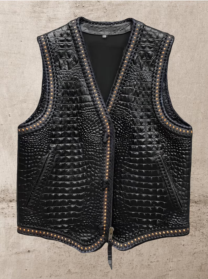 Handcrafted Genuine Black Crocodile Leather Men's Vest with Studded Braided Trim