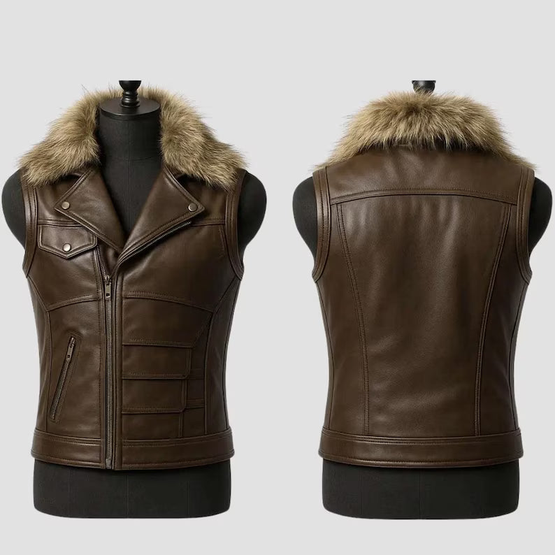 Men's Faux Fur Collar Leather Motorcycle Vest