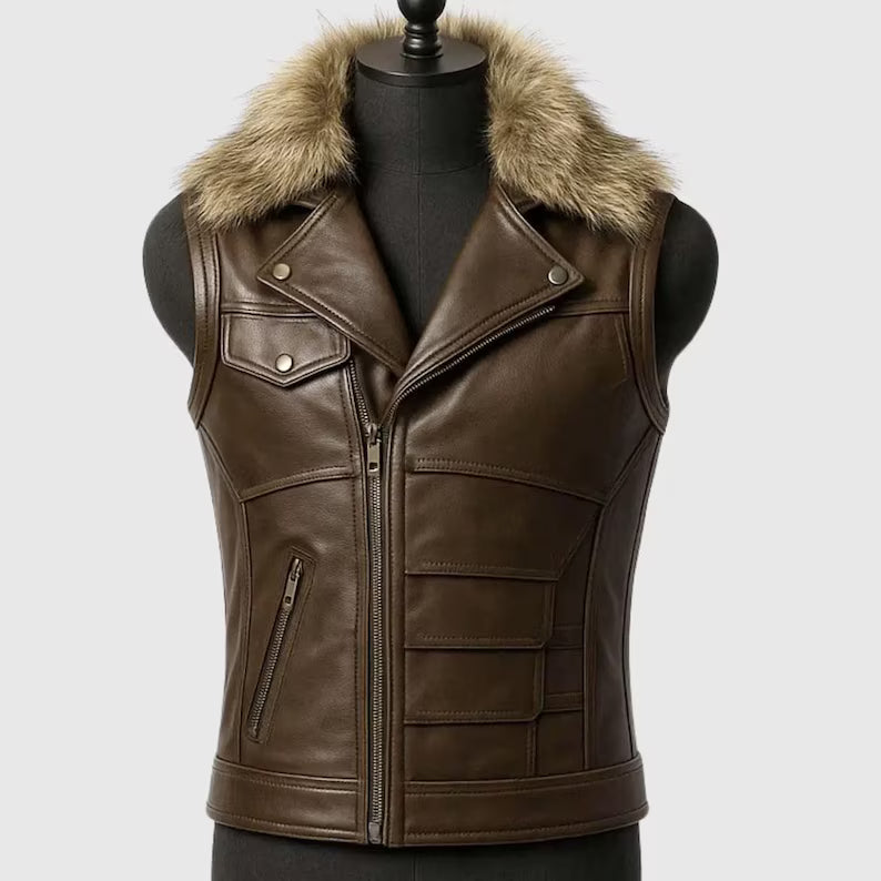 Men's Faux Fur Collar Leather Motorcycle Vest