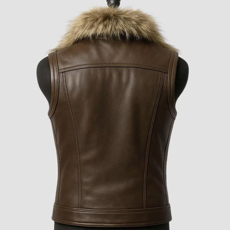Men's Faux Fur Collar Leather Motorcycle Vest