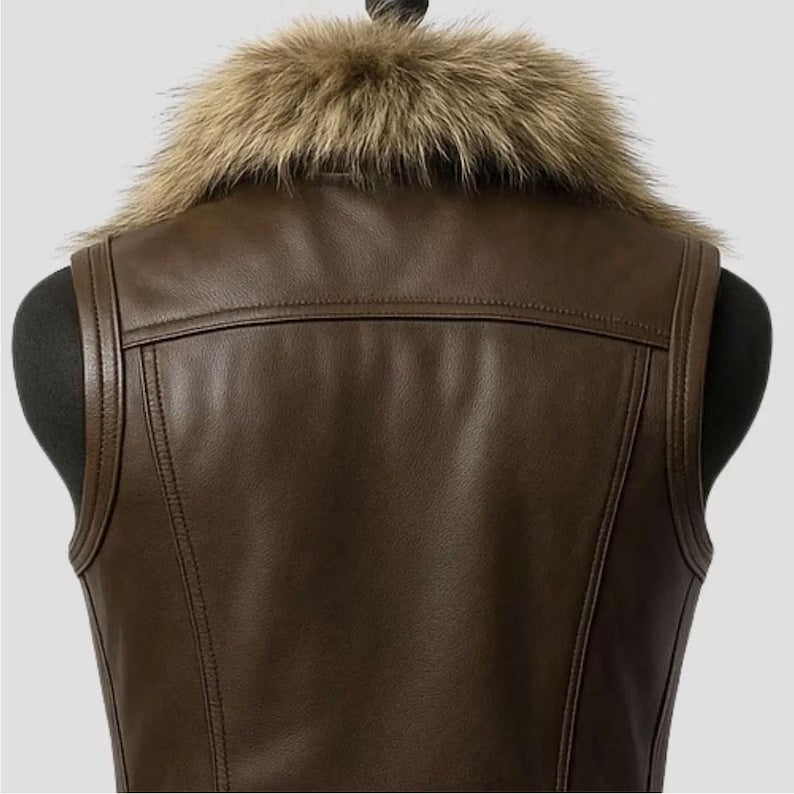 Men's Faux Fur Collar Leather Motorcycle Vest