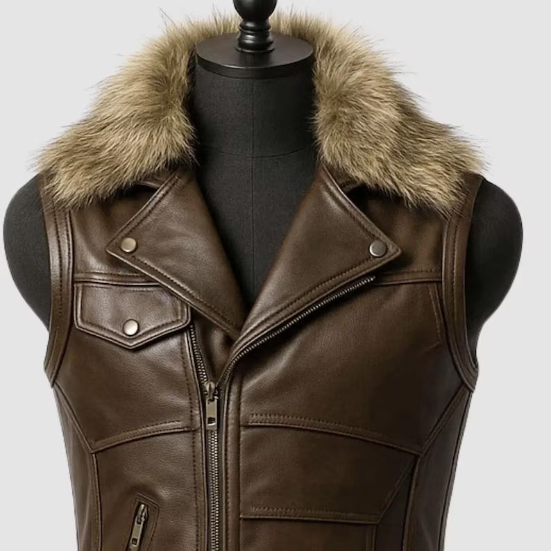 Men's Faux Fur Collar Leather Motorcycle Vest