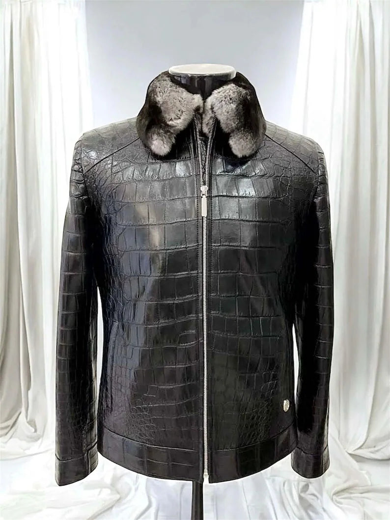 Men's Luxury Genuine Alligator Leather Jacket with Fur Collar – Custom Designer Outerwear