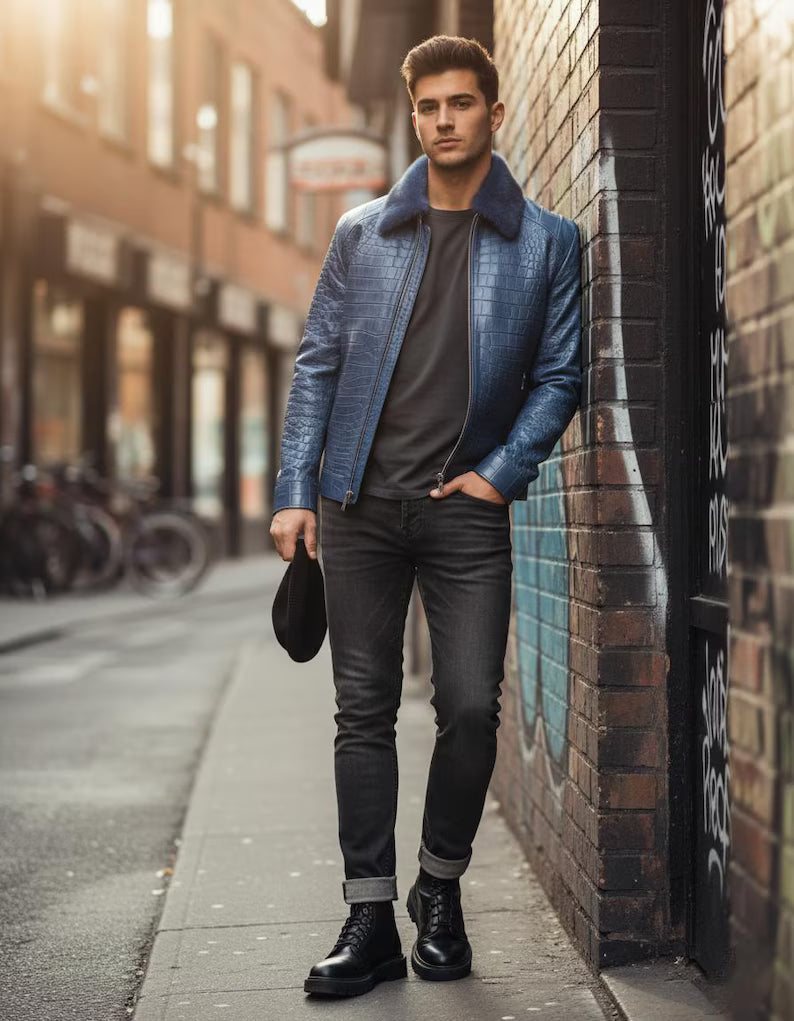 Men's Luxury Genuine Alligator Leather Jacket with Fur Collar – Custom Designer Outerwear