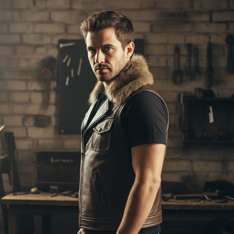 Men's Faux Fur Collar Leather Motorcycle Vest