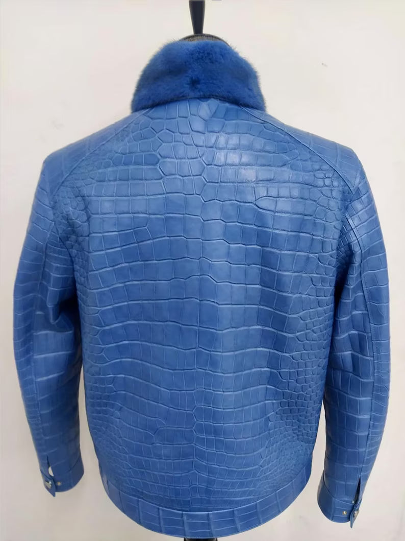 Men's Luxury Genuine Alligator Leather Jacket with Fur Collar – Custom Designer Outerwear