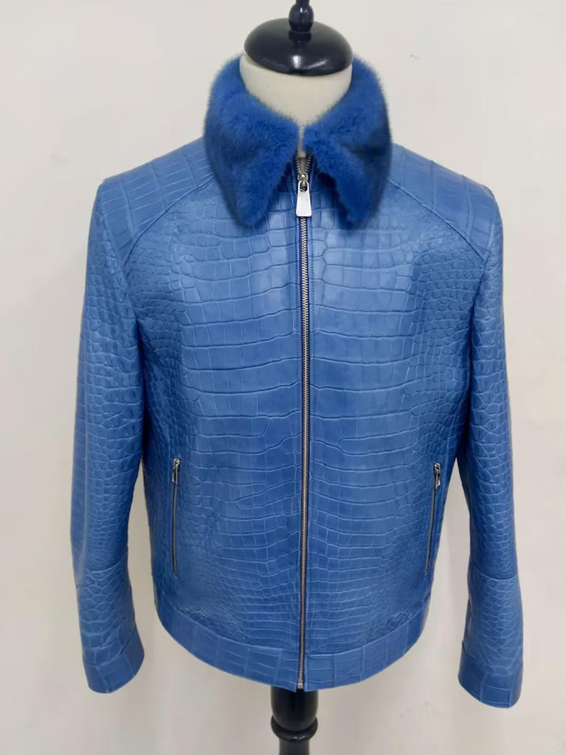 Men's Luxury Genuine Alligator Leather Jacket with Fur Collar – Custom Designer Outerwear