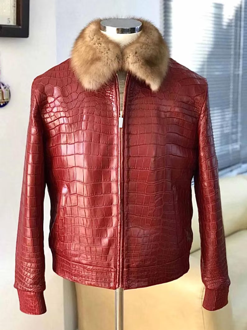 Men's Luxury Genuine Alligator Leather Jacket with Fur Collar – Custom Designer Outerwear