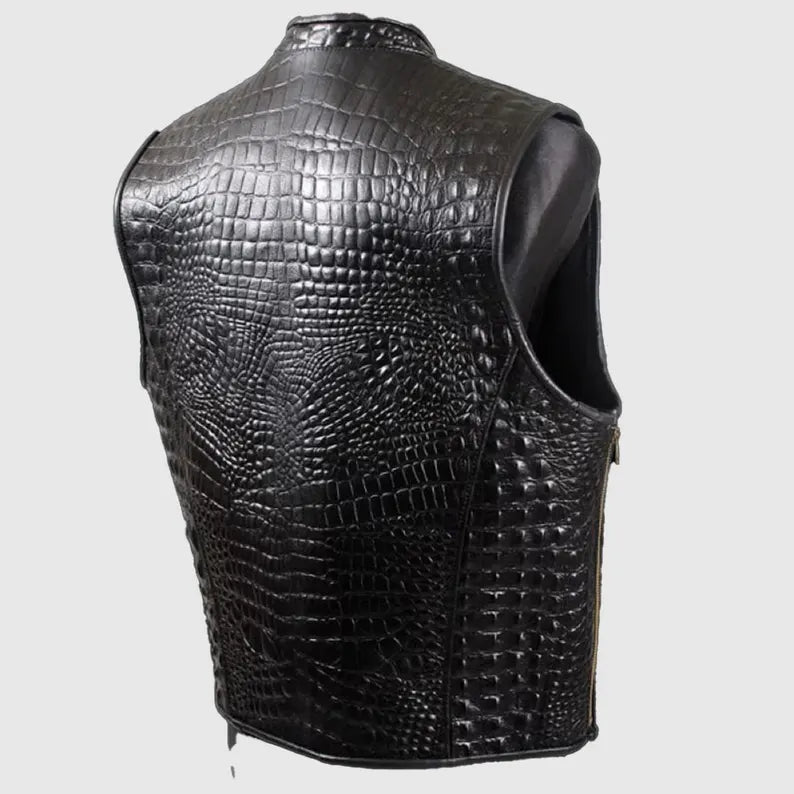 Men's Premium Black Crocodile Skin Leather Biker Vest with Stand Collar and Zip Pockets