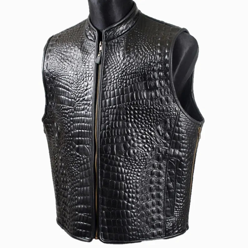 Men's Premium Black Crocodile Skin Leather Biker Vest with Stand Collar and Zip Pockets