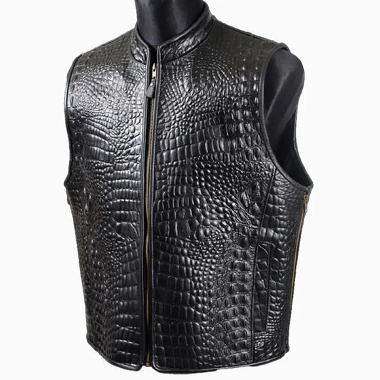 Men's Premium Black Crocodile Skin Leather Biker Vest with Stand Collar and Zip Pockets