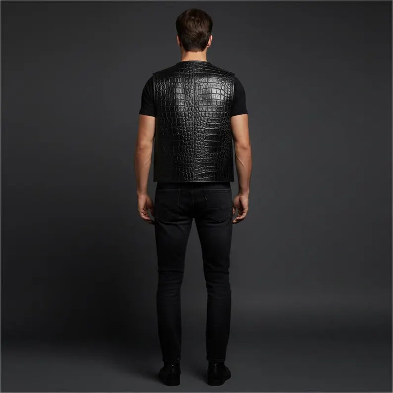 Men's Black Caiman Crocodile Skin Vest