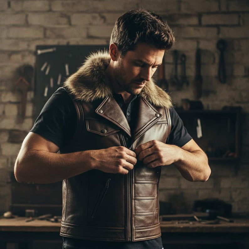 Men's Faux Fur Collar Leather Motorcycle Vest