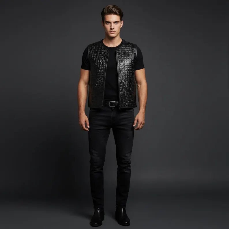 Men's Black Caiman Crocodile Skin Vest