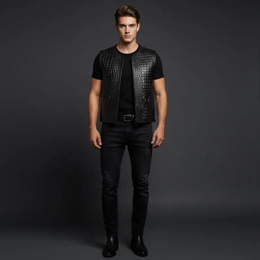 Men's Black Caiman Crocodile Skin Vest