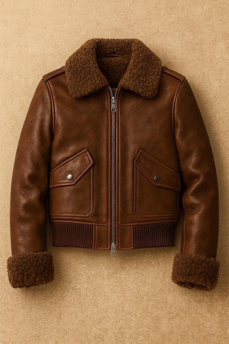 Classic Brown Leather Aviator Bomber Jacket with Shearling Trim