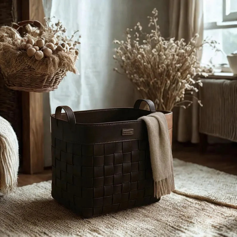Woven Faux Leather Laundry Basket / Storage Hamper