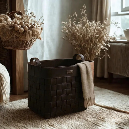 Woven Faux Leather Laundry Basket / Storage Hamper