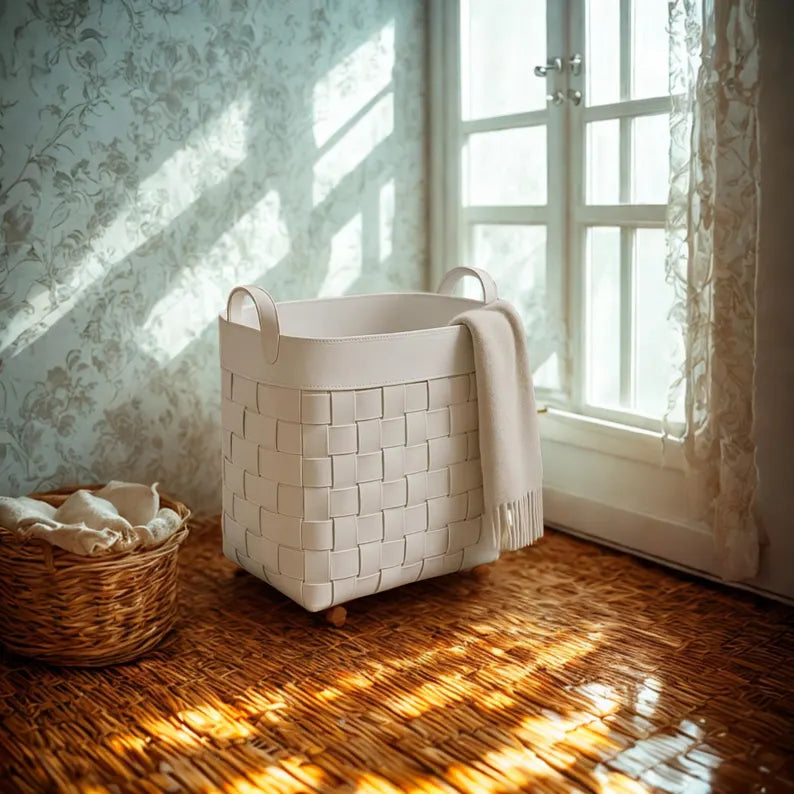 Woven Faux Leather Laundry Basket / Storage Hamper