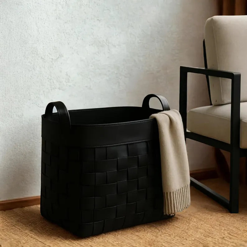 Woven Faux Leather Laundry Basket / Storage Hamper