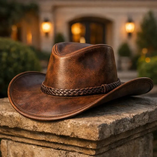 Distressed Brown Leather Cowboy Hat, Crazy Horse Western Style, Braided Band Rancher Hat