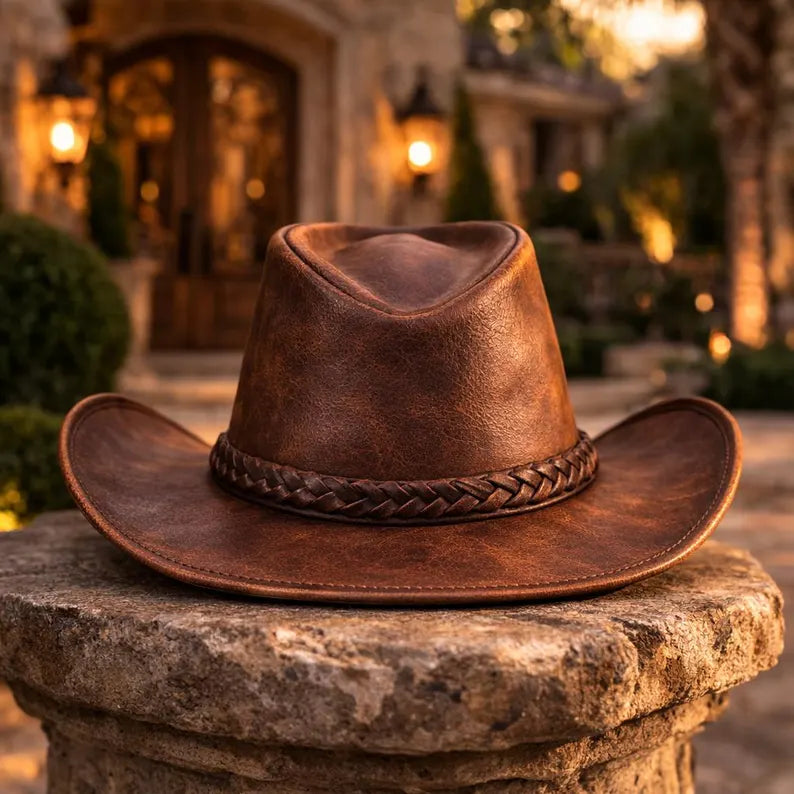 Distressed Brown Leather Cowboy Hat, Crazy Horse Western Style, Braided Band Rancher Hat