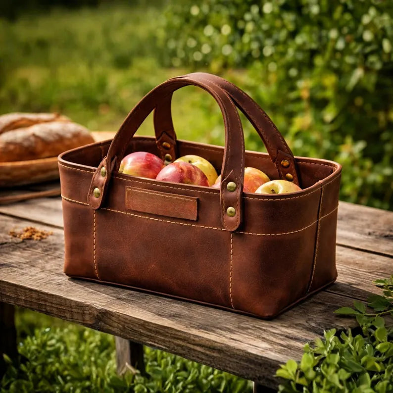 Handmade Full-Grain Leather Market & Harvest Basket