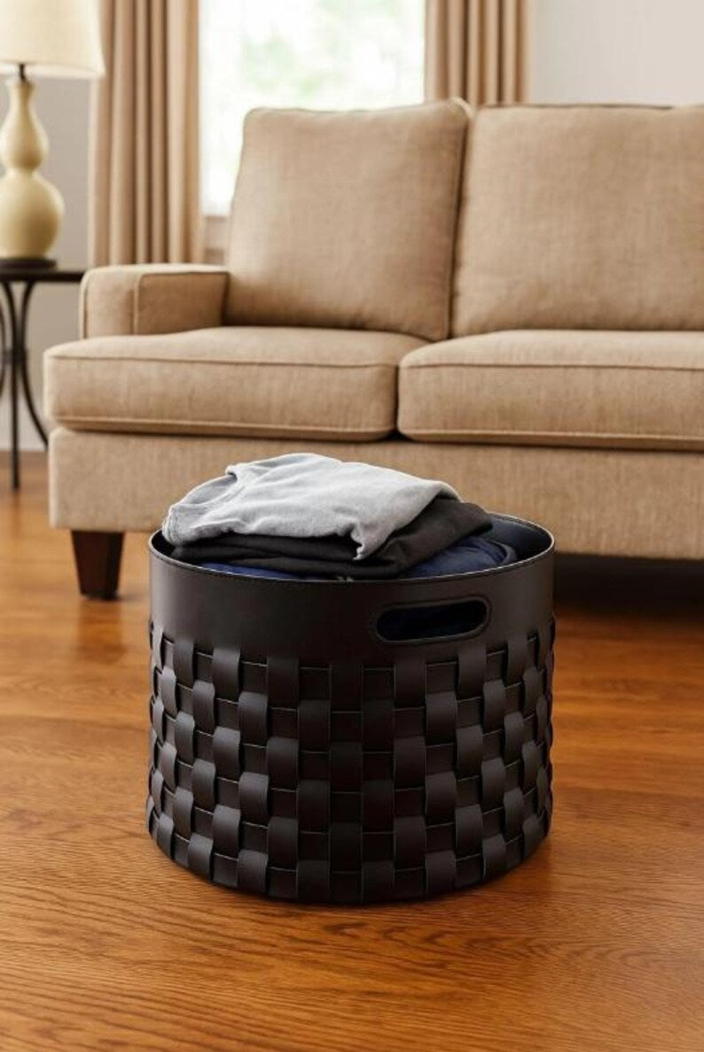 Dark Brown Woven Leather Storage Basket / Laundry Hamper with Cutout Handles