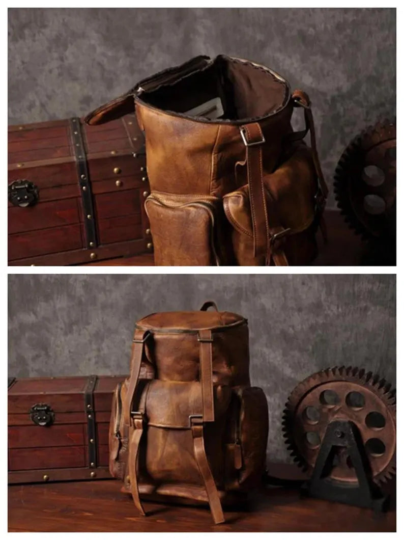 Distressed Leather Backpack, Mens Leather Backpack, Leather Rucksack, Travel Backpack, Oversized Backpack, Unisex Backpack, Weekend Holdall