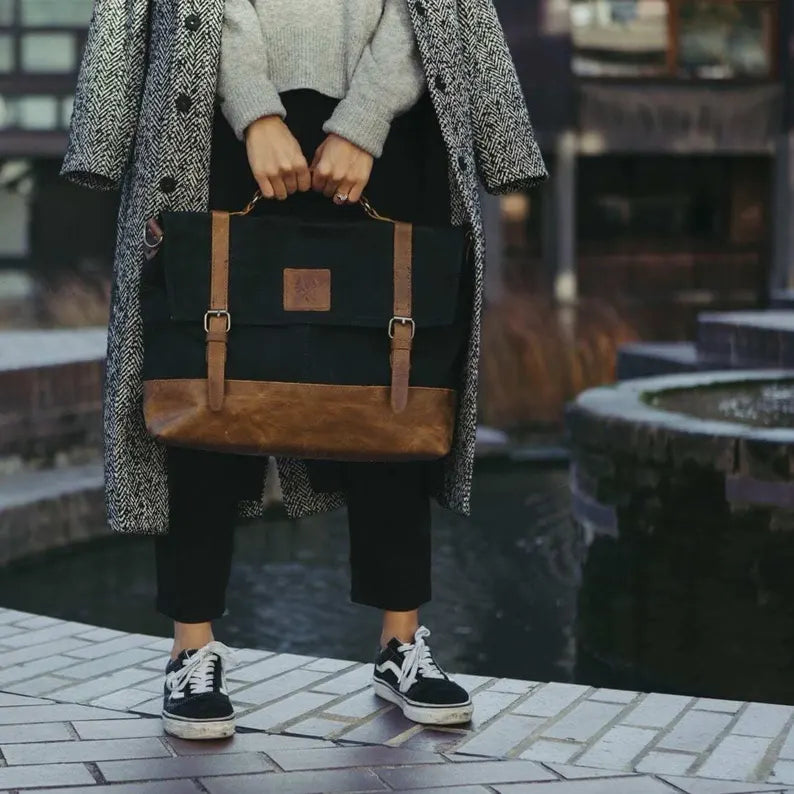 Canvas Messenger Bag | Vintage Satchel | Water Resistant | Gift for Him | Work Laptop Bag | Commuter Bag | Waxed Canvas | 16" Laptop Pocket