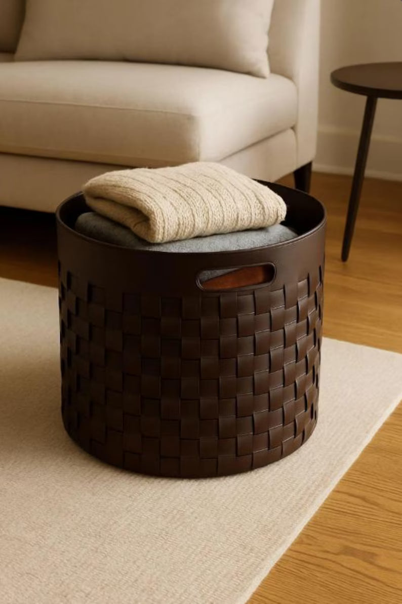 Dark Brown Woven Leather Storage Basket / Laundry Hamper with Cutout Handles