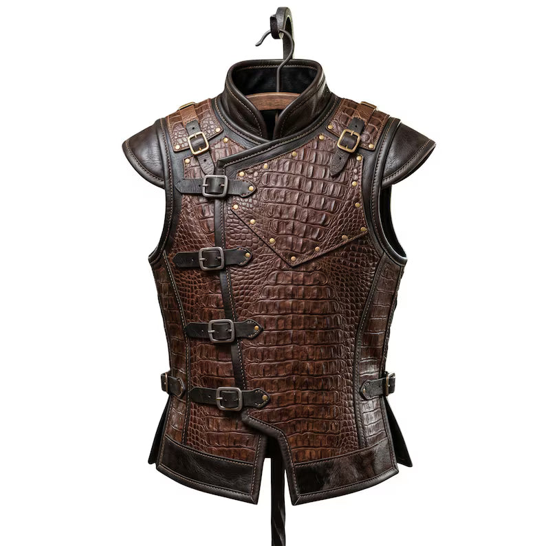 Artisan Faux-Crocodile Fantasy Leather Vest with Brass BucklesMedieval Rogue Croc-Embossed Leather Doublet and VestSteampunk Explorer Textured Faux-Leather Armor Vest