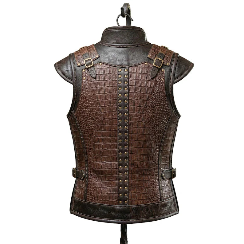 Artisan Faux-Crocodile Fantasy Leather Vest with Brass BucklesMedieval Rogue Croc-Embossed Leather Doublet and VestSteampunk Explorer Textured Faux-Leather Armor Vest
