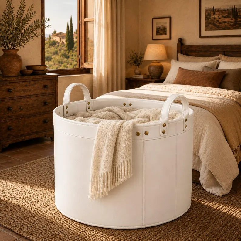 Round Faux Leather Laundry Hamper with Handles – Large Decorative Storage Basket for Blankets, Toys, and Clothes