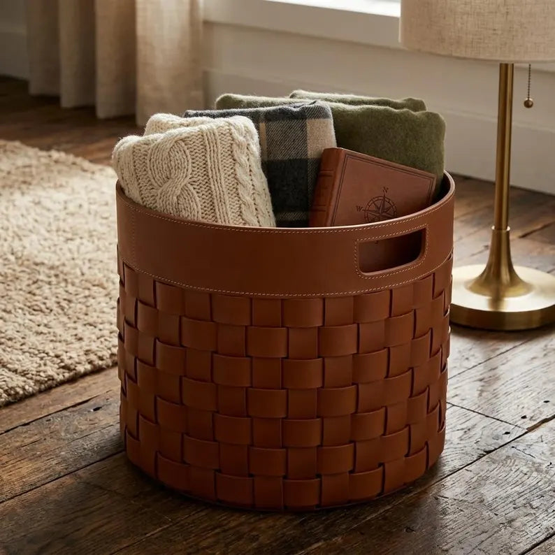 Woven Faux Leather Storage Basket / Round Decorative Blanket Bin with Handles