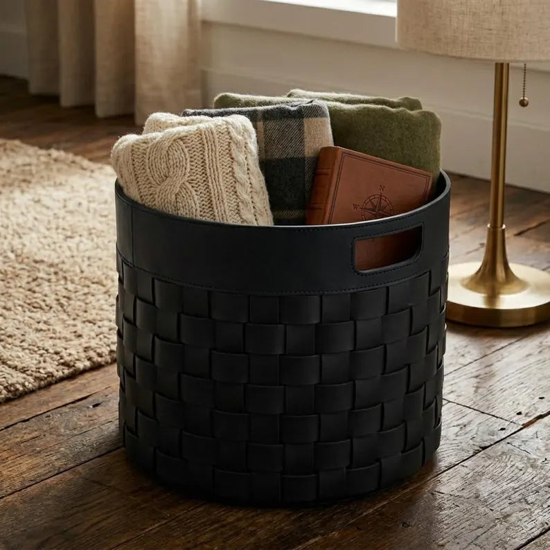 Woven Faux Leather Storage Basket / Round Decorative Blanket Bin with Handles