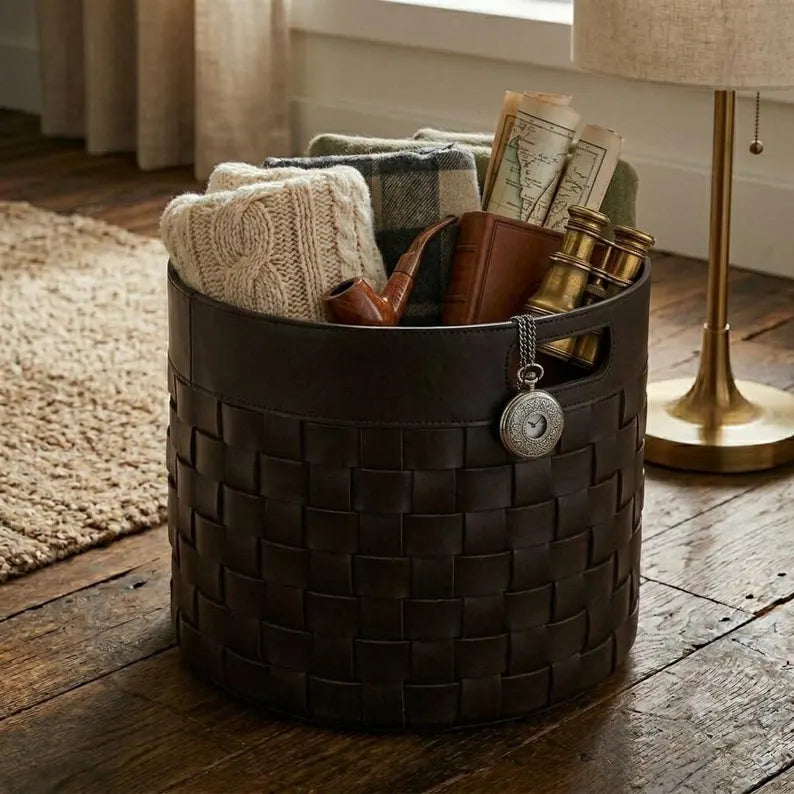 Woven Faux Leather Storage Basket / Round Decorative Blanket Bin with Handles