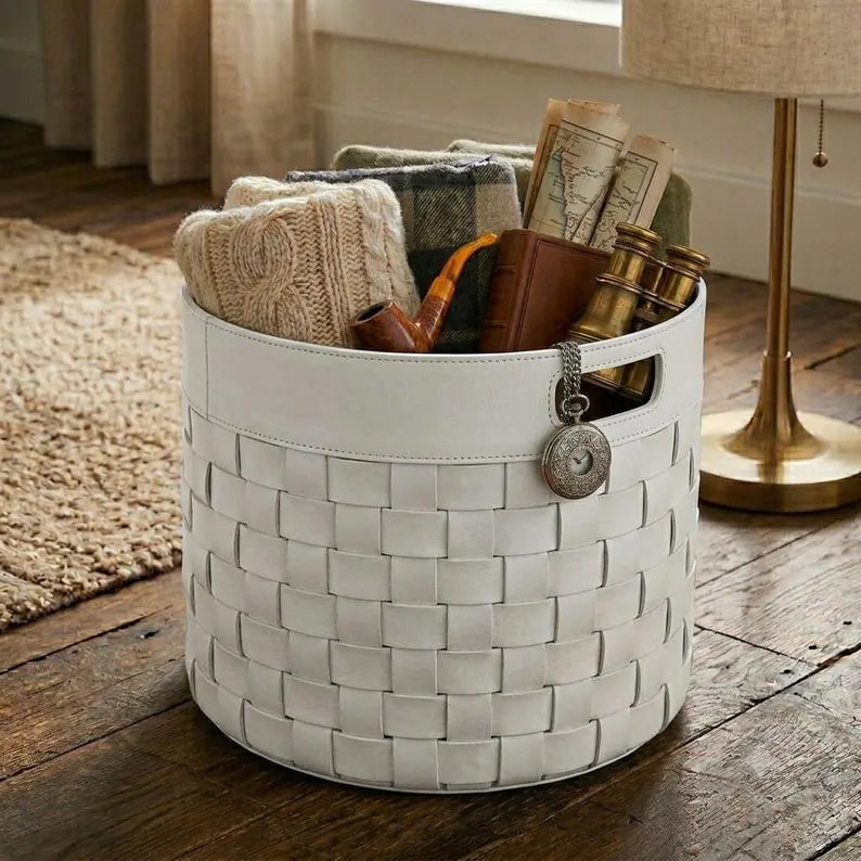 Woven Faux Leather Storage Basket / Round Decorative Blanket Bin with Handles