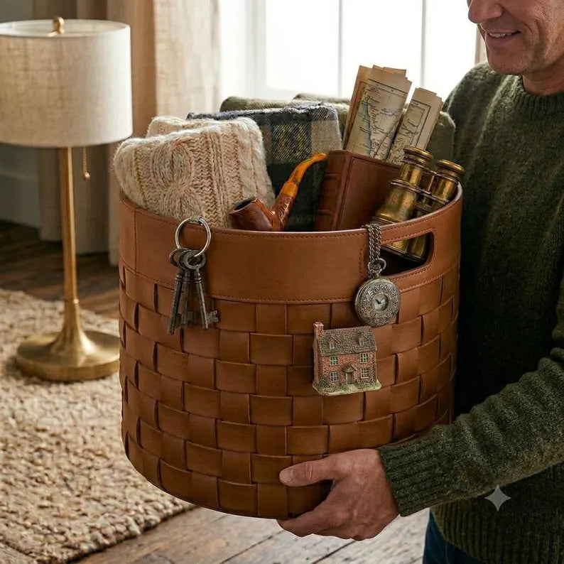Woven Faux Leather Storage Basket / Round Decorative Blanket Bin with Handles