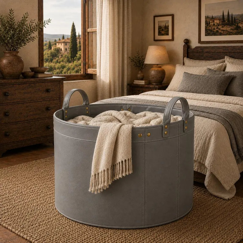Round Faux Leather Laundry Hamper with Handles – Large Decorative Storage Basket for Blankets, Toys, and Clothes