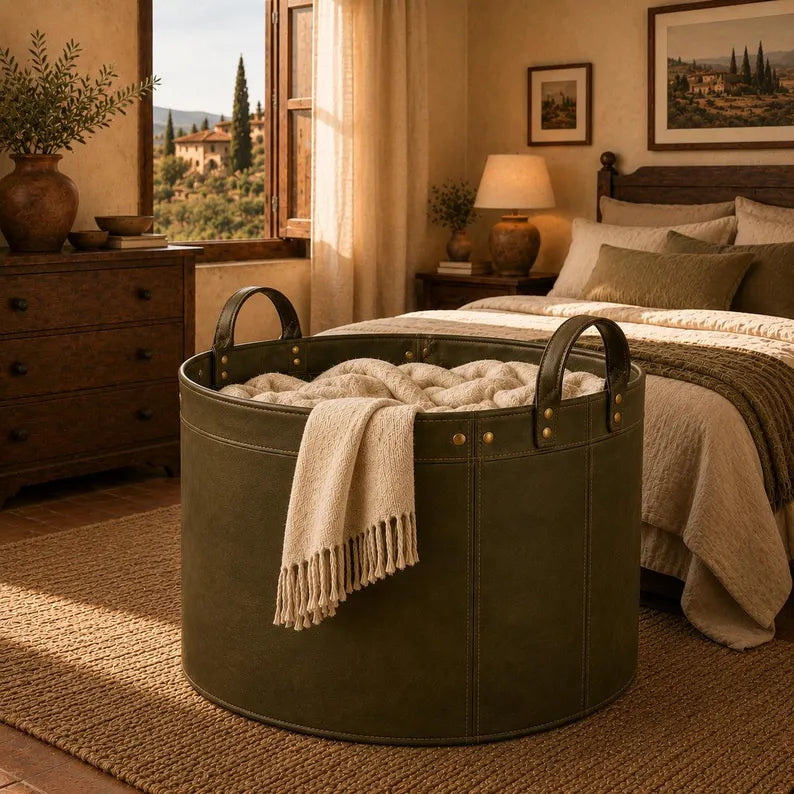 Round Faux Leather Laundry Hamper with Handles – Large Decorative Storage Basket for Blankets, Toys, and Clothes
