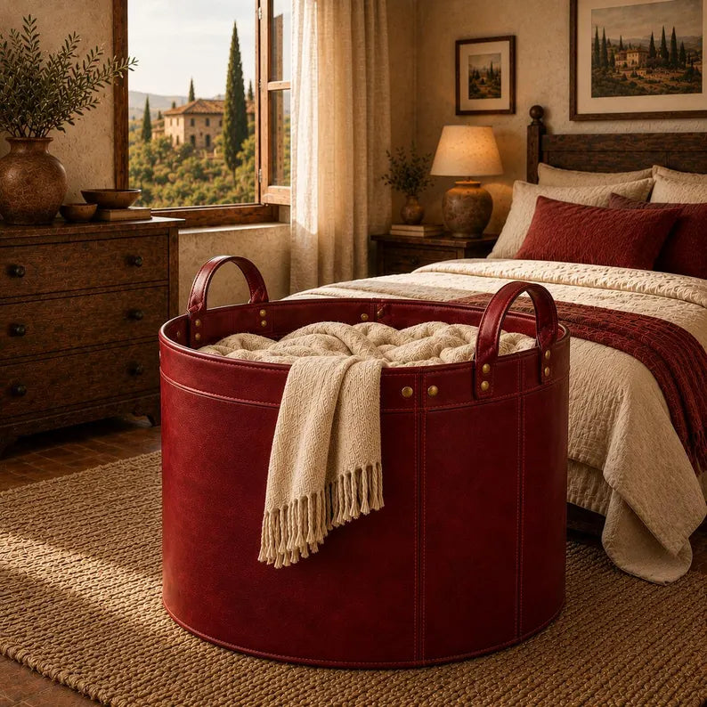 Round Faux Leather Laundry Hamper with Handles – Large Decorative Storage Basket for Blankets, Toys, and Clothes