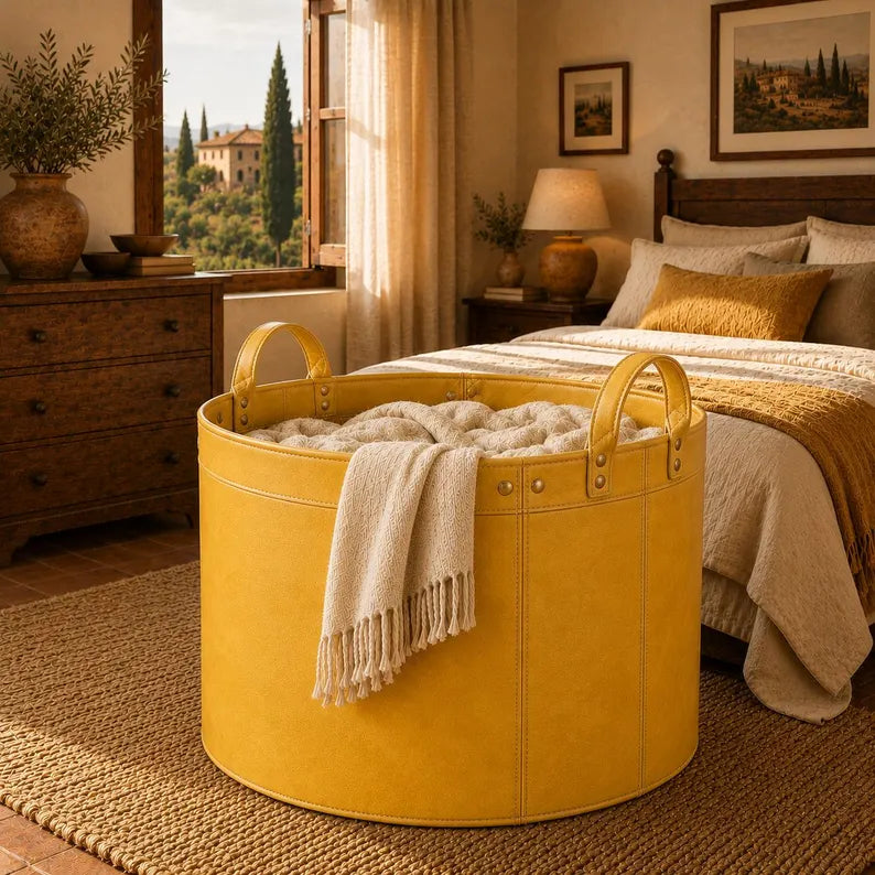 Round Faux Leather Laundry Hamper with Handles – Large Decorative Storage Basket for Blankets, Toys, and Clothes