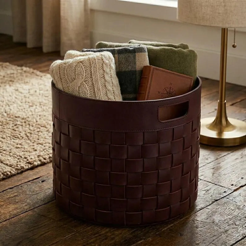 Woven Faux Leather Storage Basket / Round Decorative Blanket Bin with Handles