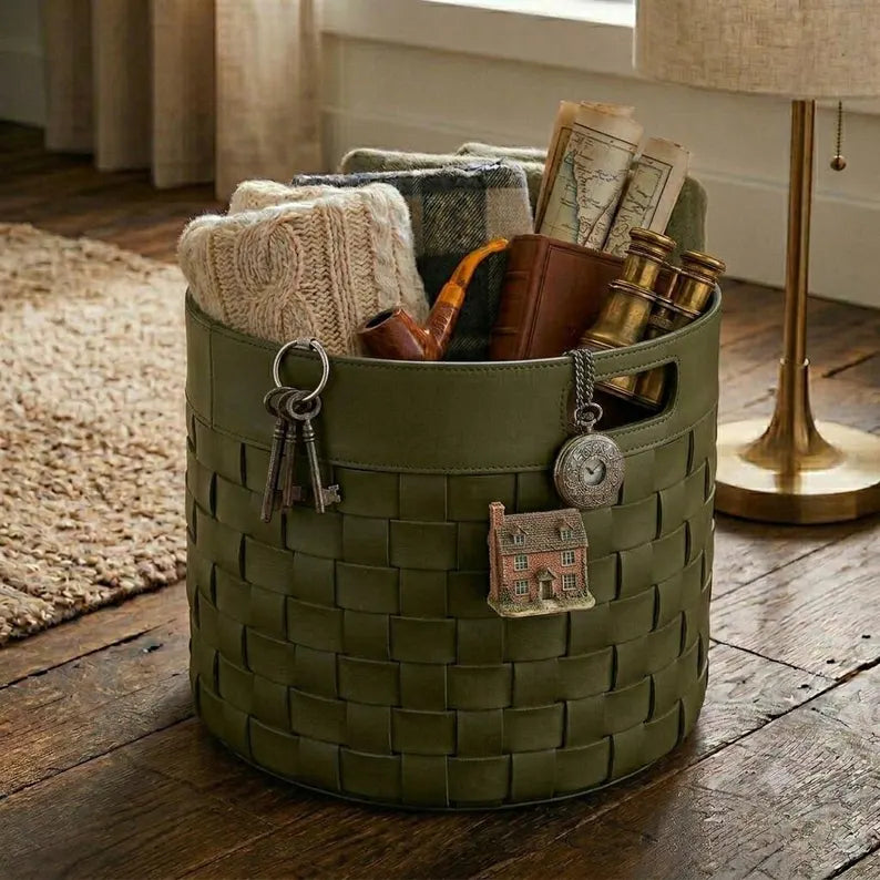 Woven Faux Leather Storage Basket / Round Decorative Blanket Bin with Handles