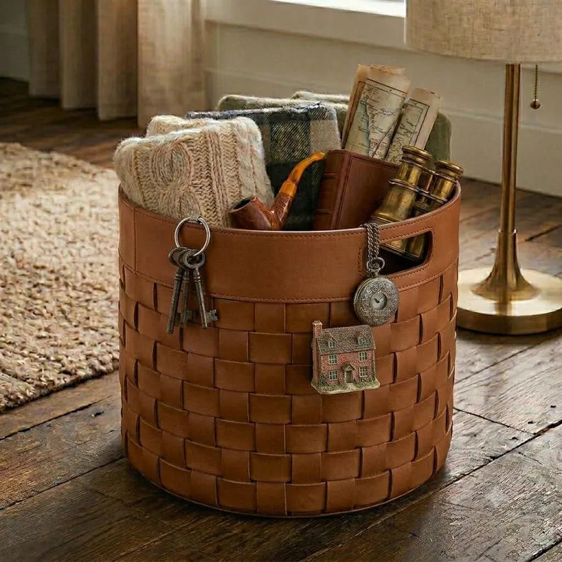 Woven Faux Leather Storage Basket / Round Decorative Blanket Bin with Handles