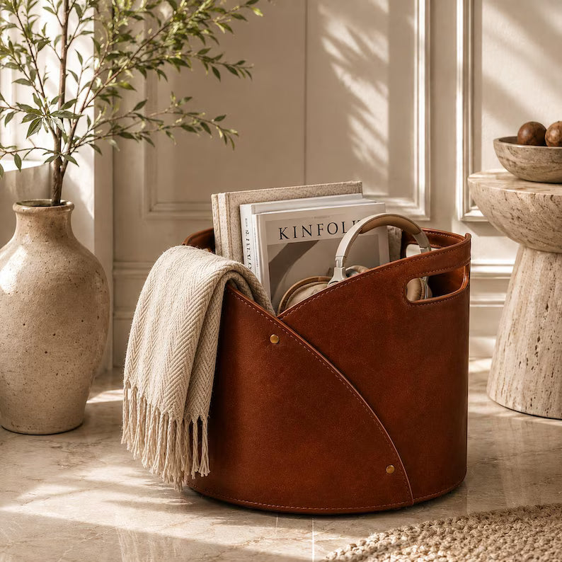 Modern Faux Leather Storage Basket with Handles & Slanted Design – Versatile Organizer for Throw Blankets, Magazines, and Living Room Decor