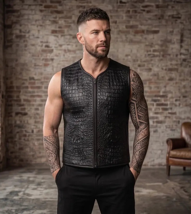 Men's Black Alligator Texture Leather Vest – Full-Zip Biker & Streetwear Waistcoat