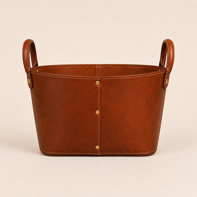 Premium Brown Faux/Leather Firewood Log Basket with Riveted Handles  Rustic Cognac Leather Fireplace Log Carrier and Storage Basket  Heavy-Duty Indoor Firewood Holder with Brass Rivets and Sturdy Handles