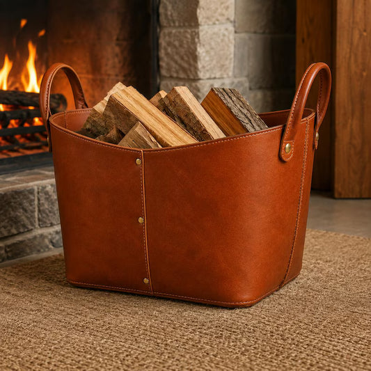 Premium Brown Faux/Leather Firewood Log Basket with Riveted Handles  Rustic Cognac Leather Fireplace Log Carrier and Storage Basket  Heavy-Duty Indoor Firewood Holder with Brass Rivets and Sturdy Handles